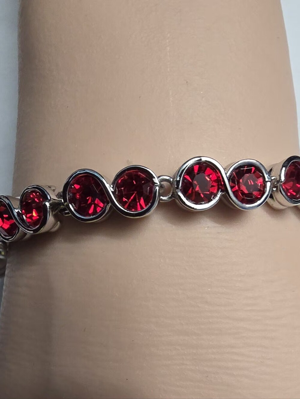 Silver Link Bracelet with Ruby Red Crystal Accents